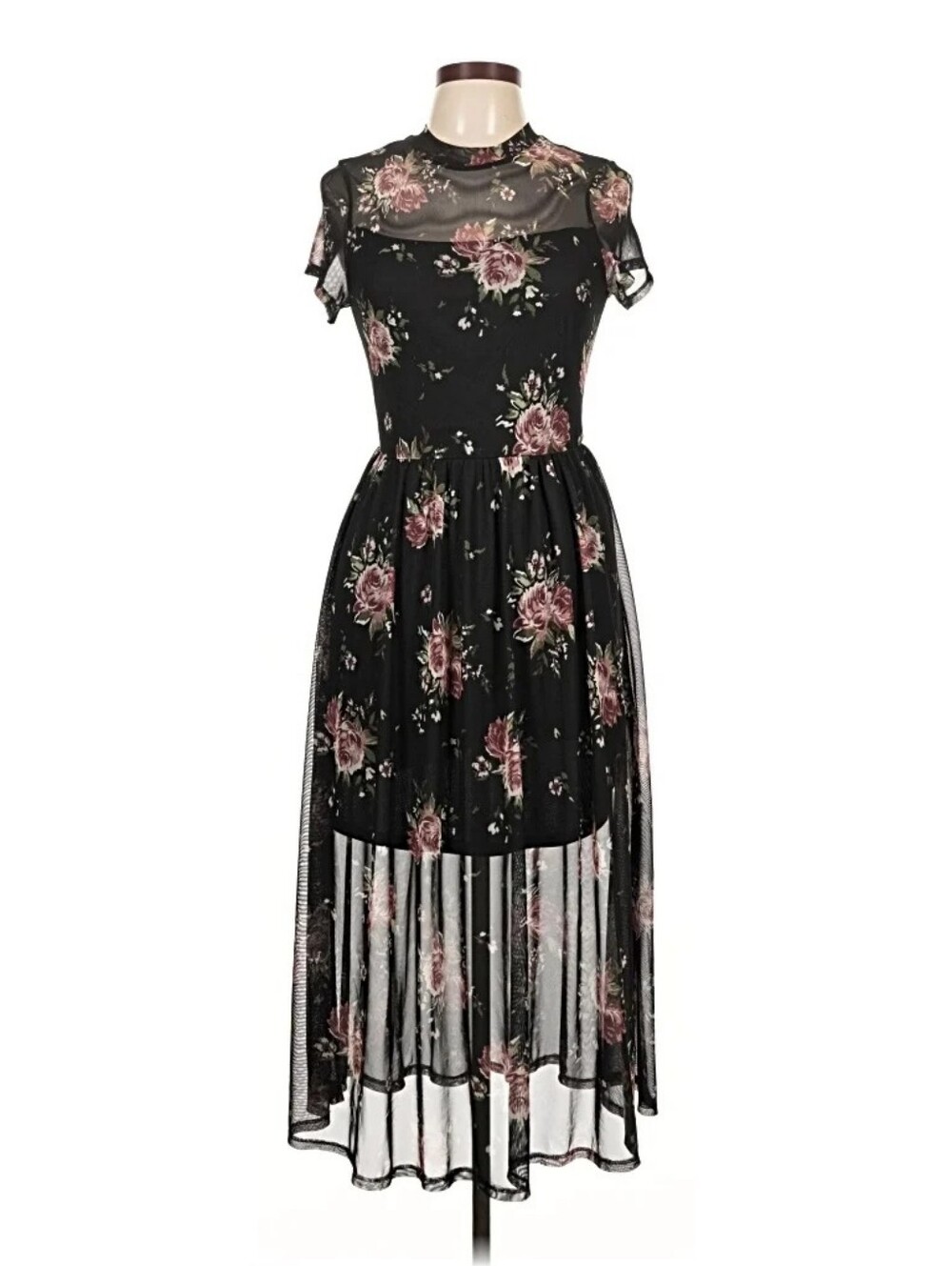 AUW | Black Mesh Dress with Pink Rose Pattern